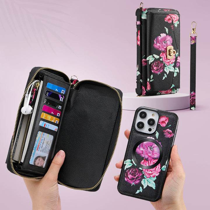 Flower Embellished Zipper Purse and Wallet Duo Case iPhone