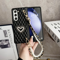 Galaxy Z Fold Series Premium Diamond Stitch Leather Chain Case