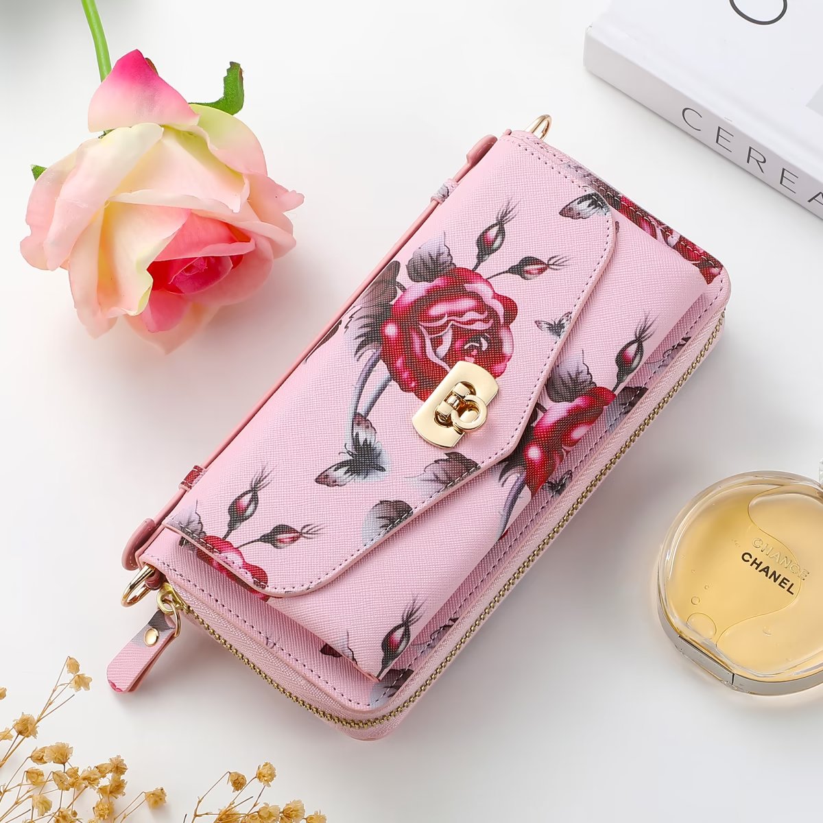 Flower Embellished Zipper Purse and Wallet Duo Case - Samsung