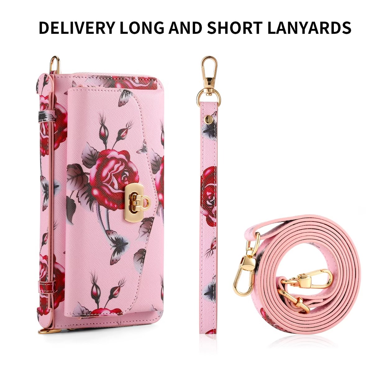 Flower Embellished Zipper Purse and Wallet Duo Case - iPhone