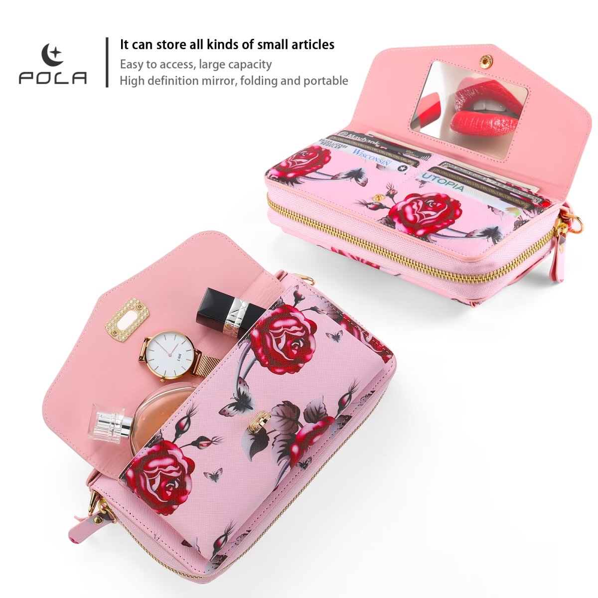 Flower Embellished Zipper Purse and Wallet Duo Case - iPhone