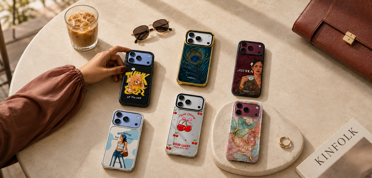 Peeperly case in hand with a matching travel-print clutch