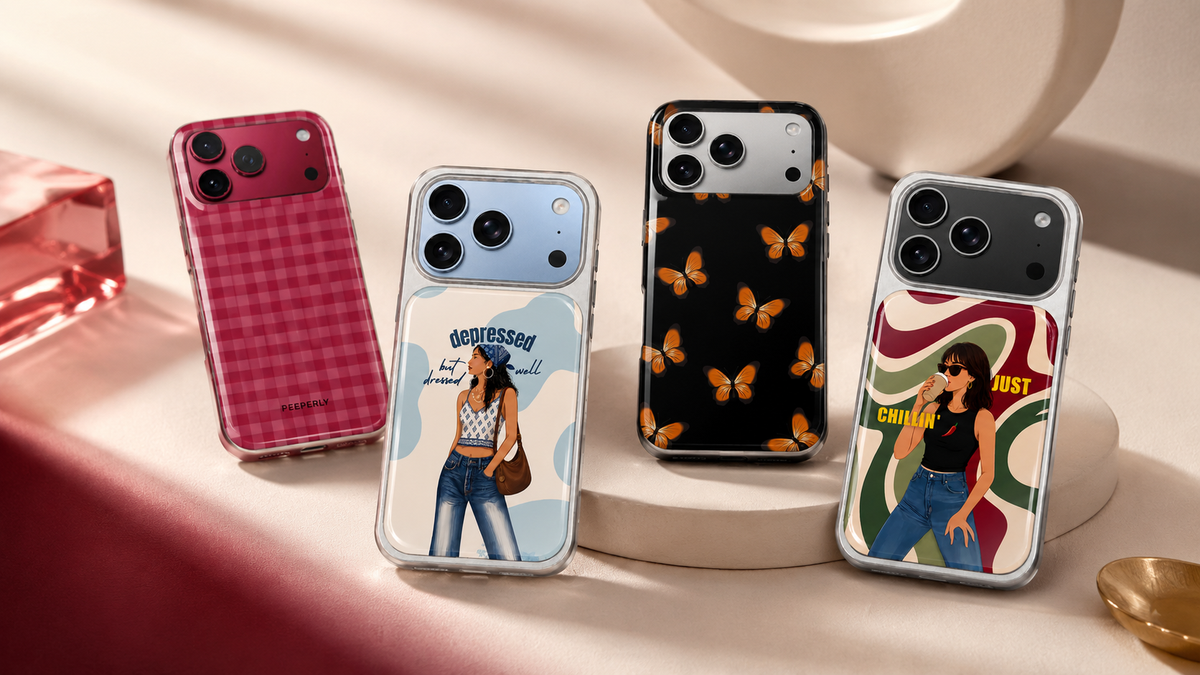 Peeperly cases in cherry gingham, travel print, faith print and painted floral