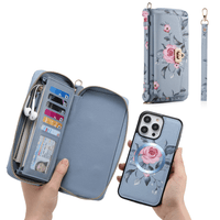 Flower Embellished Zipper Purse and Wallet Duo Case - iPhone