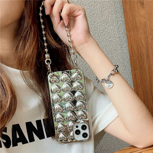 3D Love Heart Electroplated Crossbody Chain Case