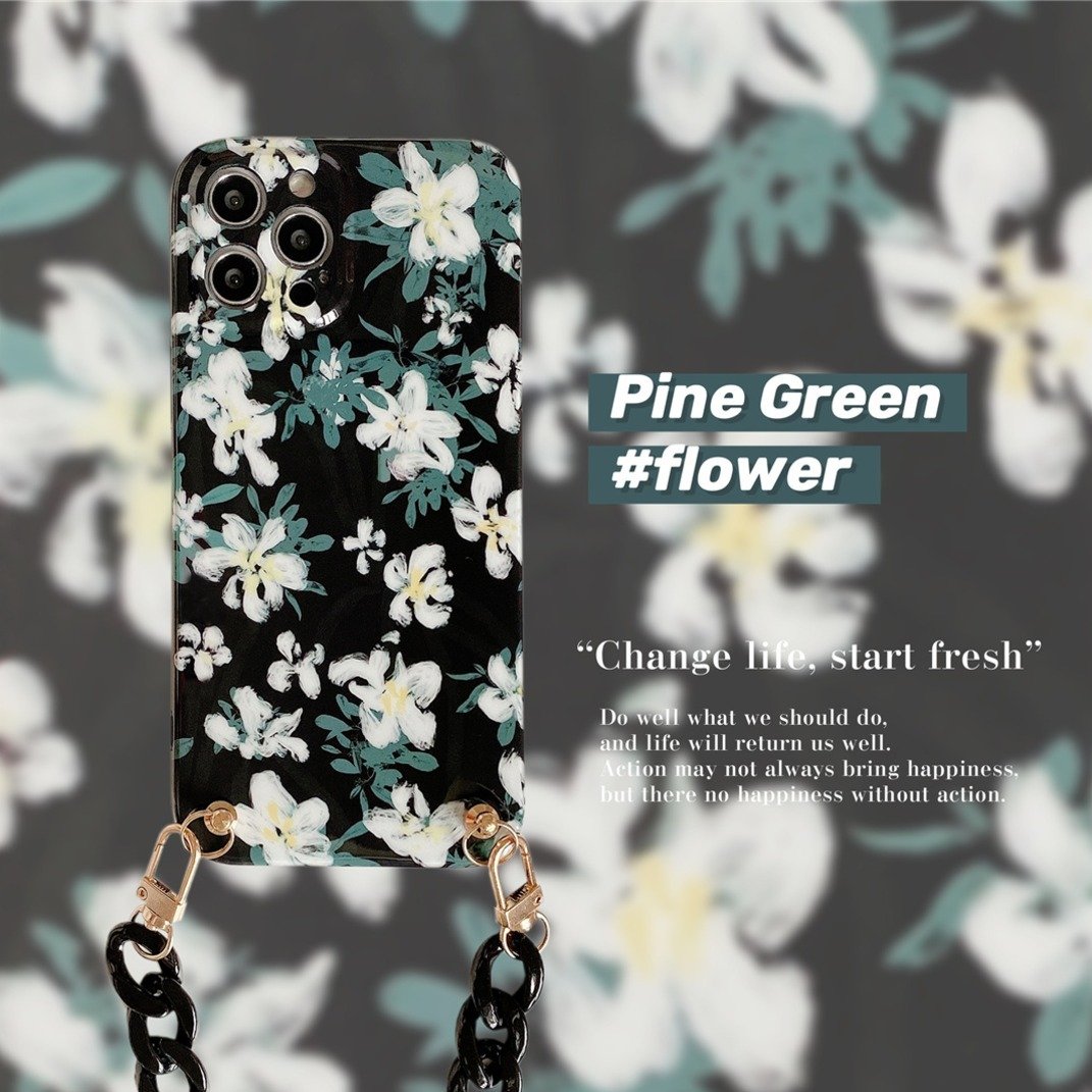 Pine Flower Printed Black Case with Bracelet