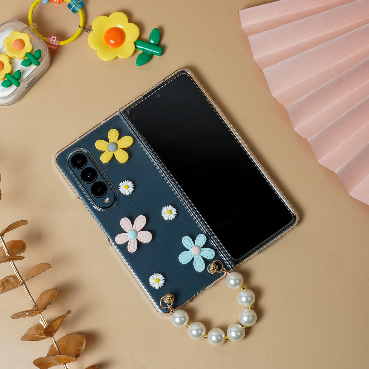 Galaxy Z Fold3 Flower Pattern Case with Pearl Bracelet