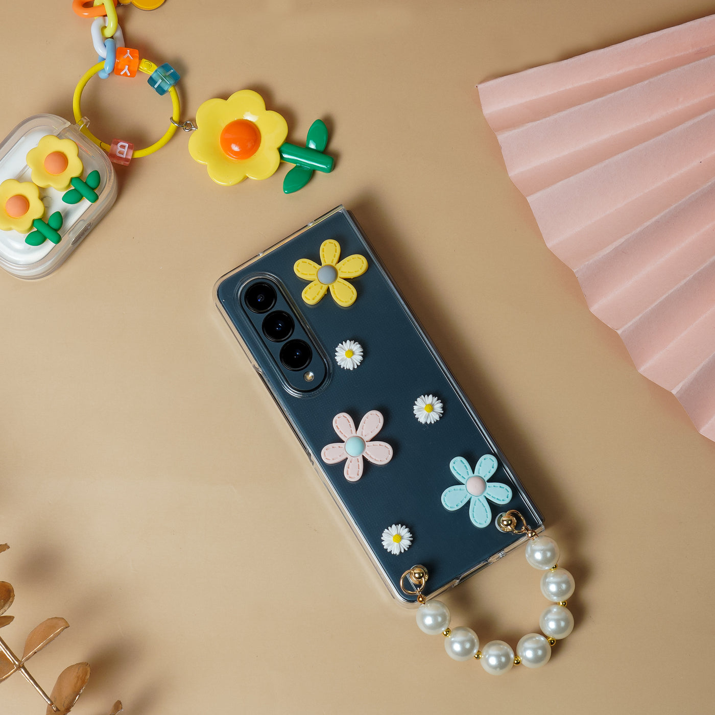Galaxy Z Fold3 Flower Pattern Case with Pearl Bracelet